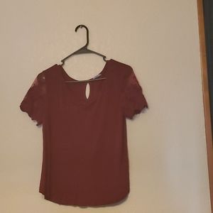 Maroon Blouse with Lace Sleeves and Keyhole Back